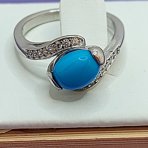 Natural Oval Blue Turquoise 8x6mm & Cz 925 Sterling Silver Ring 6 - Picture 10 of 11